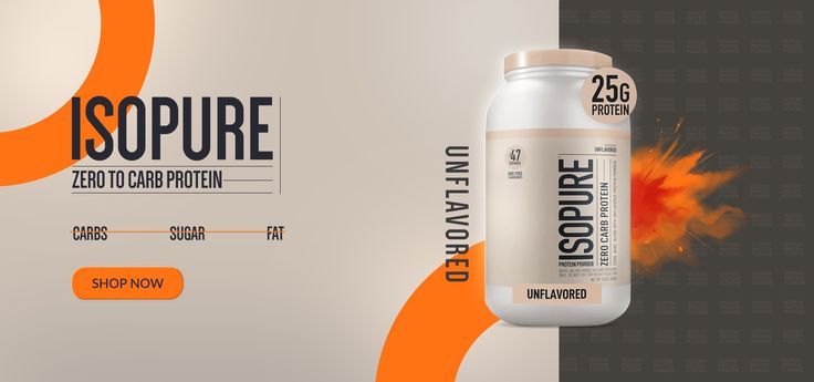 A high-performance product ad highlighting a zero-carb protein powder through clean, professional typography and isolated product visuals.
